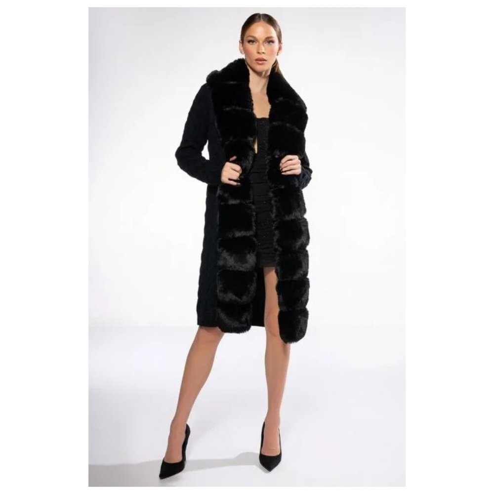 BABBS KNIT TRENCH WITH FAUX FUR AND VEGAN LEATHER TRIM - Sweater Coat Size S/M